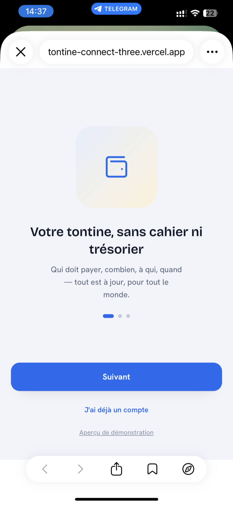 Écran d'accueil de l'onboarding Tontine App