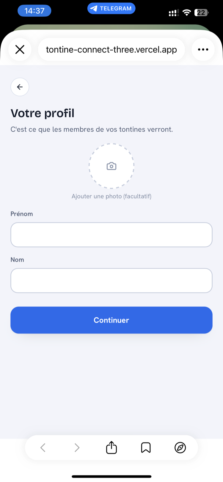 Création du profil dans Tontine App