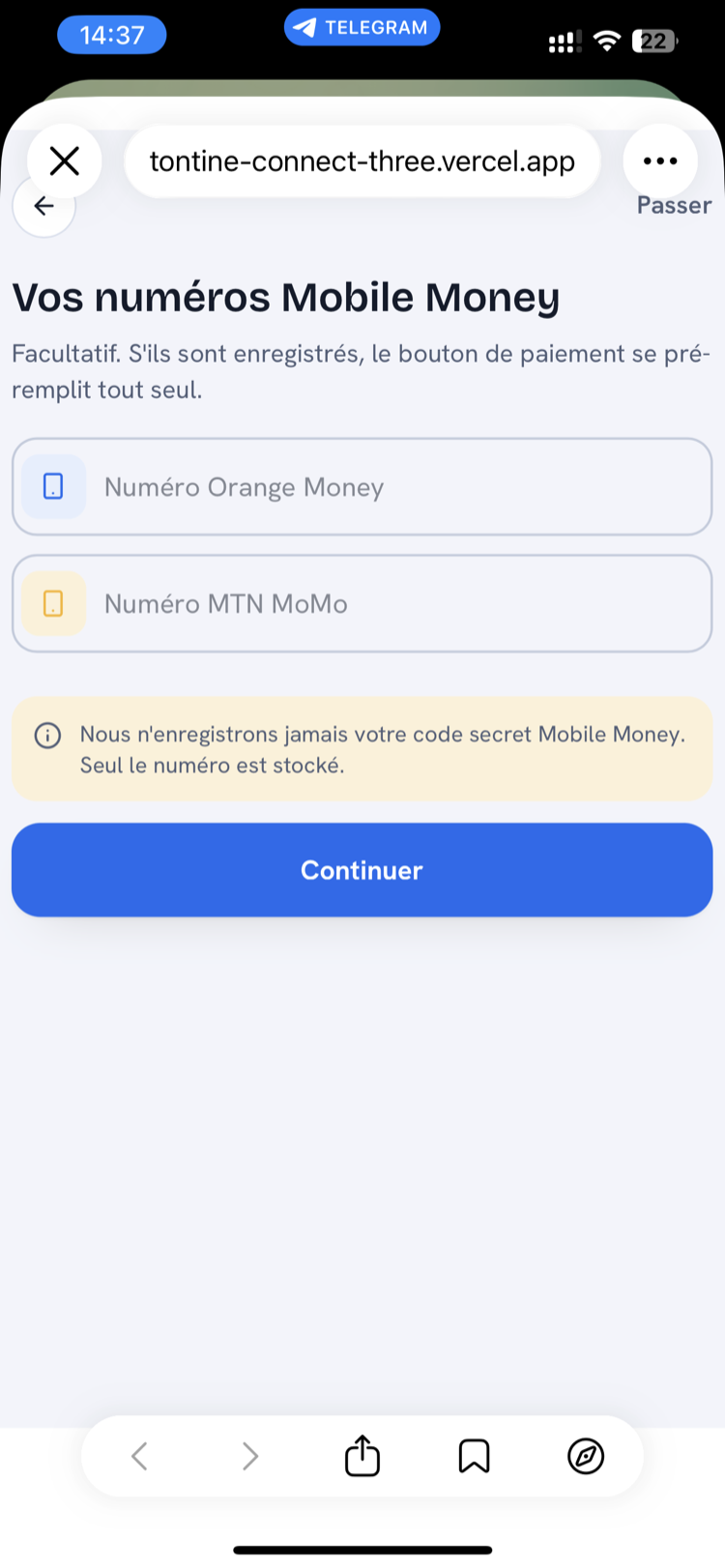 Ajout des numéros Mobile Money