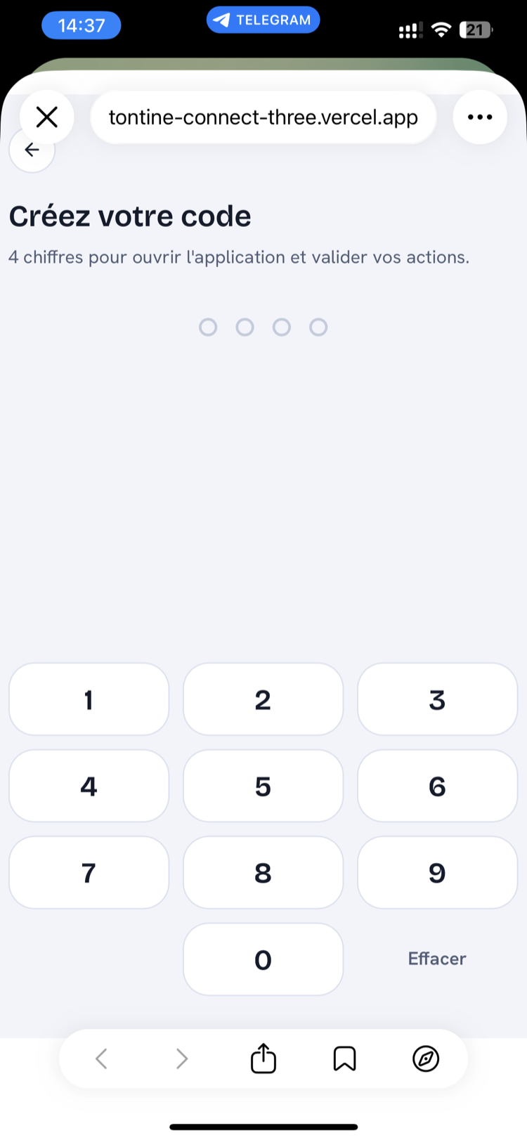 Création du code PIN à 4 chiffres