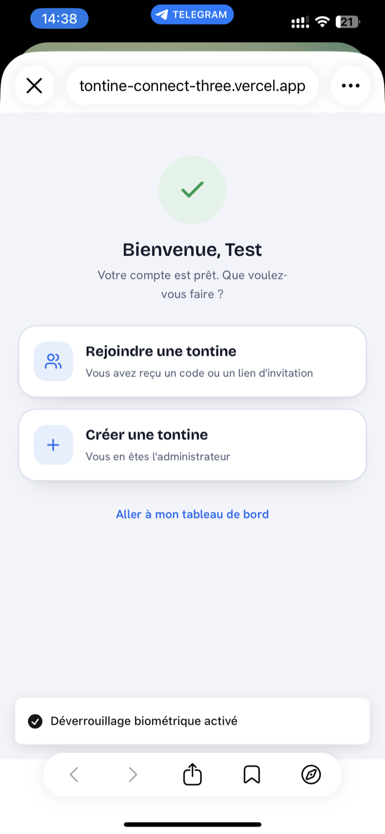 Écran de bienvenue : rejoindre ou créer une tontine